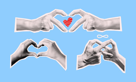 Hands making heart and infinity symbols art collage vector halftone illustration set. Love...