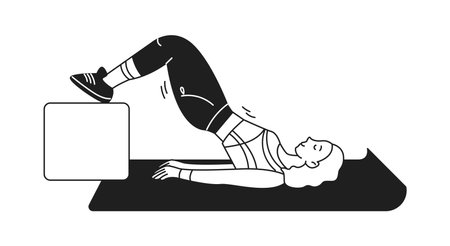 Woman athlete performs bridge exercise using box linear icon. Lady engages in fitness workout on mat doodle character doodle thin line illustrationのイラスト素材