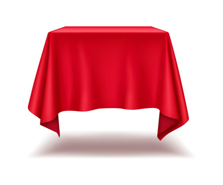 Scarlet silk draping elegant square pedestal realistic vector illustration. Product display at professional presentation 3d object on whiteのイラスト素材