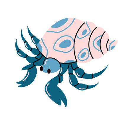 Hermit crab with pink and blue shell flat color vector character. Ideal character for educational books for children illustration on white backgroundのイラスト素材