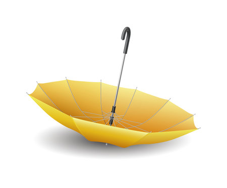 Yellow cane umbrella lying upside down realistic vector illustration. Protection from stormy weather accessory 3d object on white backgroundのイラスト素材