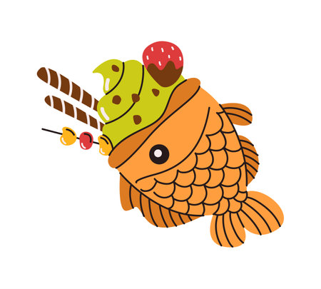 Illustration of a delicious Japanese taiyaki fish-shaped dessert filled with green tea ice cream and topped with sweet decorations in a fun vector style.のイラスト素材