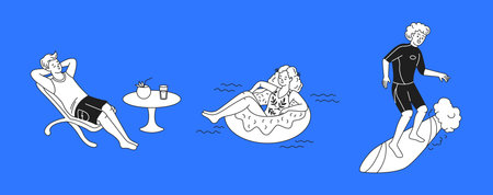 A woman exploring the underwater world with a snorkel, surrounded by fish, waves, and bubbles, enjoying a summer adventure in a stylish doodle illustration.のイラスト素材