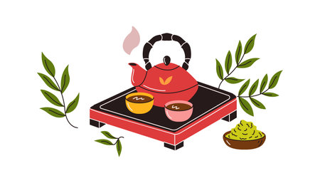 Illustration of a beautifully arranged Asian tea ceremony setup, featuring a red teapot, two tea cups, and fresh tea leaves, drawn in an elegant and minimalistic vector style.のイラスト素材