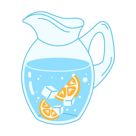 Illustration of a glass jug filled with cold water, floating orange slices, and ice cubes, symbolizing hydration and vitamin-rich drinks.のイラスト素材