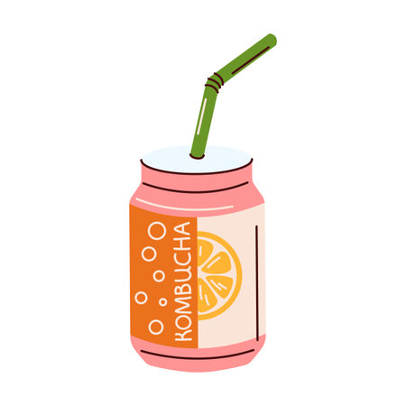 Modern illustration of a canned kombucha drink with a citrus label and a straw. A stylish and convenient probiotic beverage concept.のイラスト素材