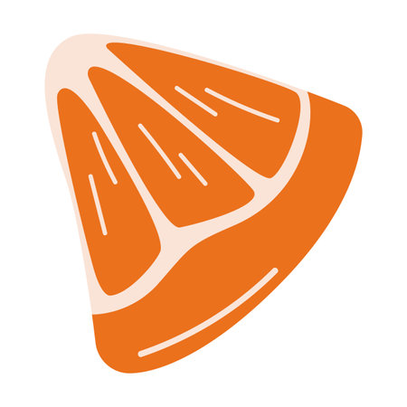 Flat illustration of a triangular orange fruit slice with a juicy interior and bright peel. Minimal vector design representing freshness.のイラスト素材