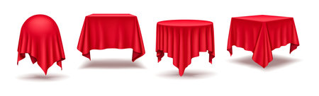 Geometric forms draped in crimson silk fabric realistic color icons set. Decorated podiums with red tablecloths 3d objects bundle on whiteのイラスト素材