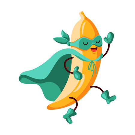 Cheerful banana superhero with a green mask, gloves, and a cape. Cute energetic fruit character running joyfully. Great for kids' illustrations, healthy food themes, or fun branding materials.のイラスト素材