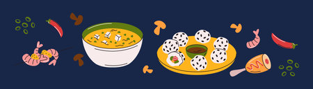 Illustration of a flavorful bowl of spicy miso soup paired with sesame-covered rice balls, surrounded by fresh ingredients, drawn in a colorful modern vector style.のイラスト素材