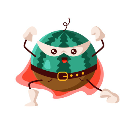 Funny watermelon superhero showing muscles, wearing a mask, belt, and red cape. A bold and playful character representing health, strength, and fitness in a fun way.のイラスト素材