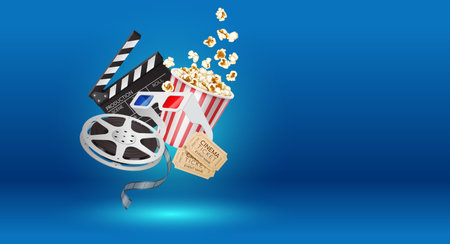 Copy space banner. Illustration of 3D realistic cinema elements, including a film reel, popcorn bucket, 3D glasses, clapperboard, and tickets, with a blue gradient background.のイラスト素材