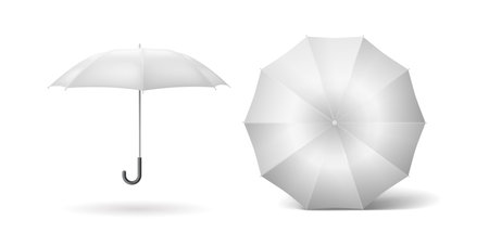 Minimalist cane umbrellas mockup side and top view realistic color icons set. Elegant design and functionality 3d objects bundle on whiteのイラスト素材