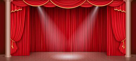 A high-quality 3D-rendered vector image of a luxurious theater stage with a red velvet curtain and golden trim, illuminated by stage spotlights.のイラスト素材