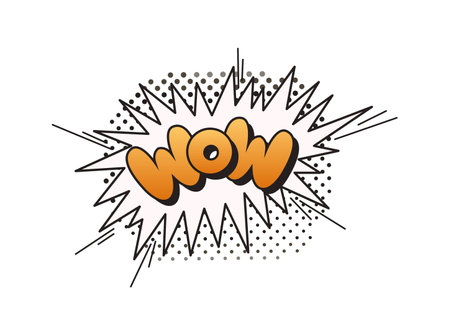 Vibrant comic style art with the word wow in bold orange letters. Surrounding elements include a classic burst pattern with black outlines and dots for added effect.のイラスト素材