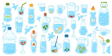 Illustration of different water containers including bottles, pitchers, glasses, and jugs, emphasizing hydration and fresh drinking water.のイラスト素材