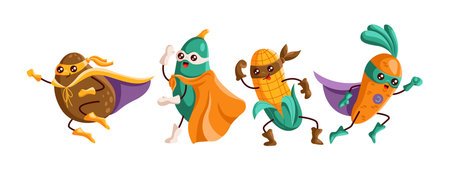 A lively superhero team of potato, zucchini, corn, and carrot running together, each wearing unique masks and capes. A colorful and cheerful illustration perfect for health and fun themes.のイラスト素材