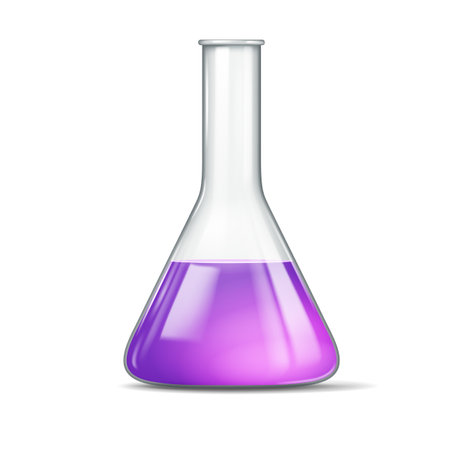 Realistic illustration of an Erlenmeyer flask containing a vibrant purple liquid. This scientific glassware is essential in chemical labs for various experiments and reactions.のイラスト素材