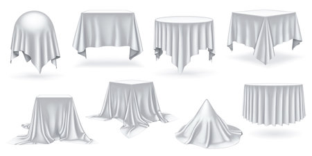White satin drapes over tables realistic color icons set. Hinting at hidden objects and sense of anticipation 3d design bundleのイラスト素材