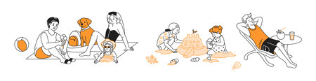 A cheerful family spending quality time together on the beach, enjoying ice cream and relaxing in the summer sun, depicted in a playful doodle-style drawing.のイラスト素材
