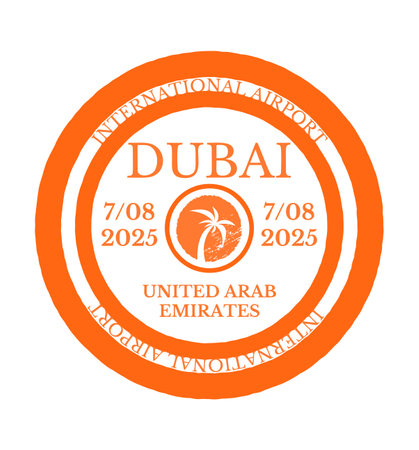 Orange graphic featuring Dubai airport stamp style design with palm tree icon and date August 7 2025 conveying international travel themeのイラスト素材