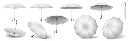 Blank parasols showing various views realistic color icons set. Accessory in different perspectives 3d objects bundle on white backgroundのイラスト素材