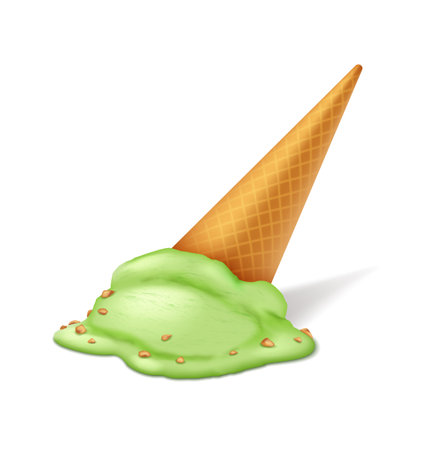 Illustration of a fallen ice cream cone with green ice cream melting on a clean white surface. The cone lays at an angle, adding a sense of realism.のイラスト素材