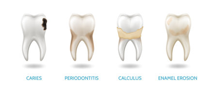 Illustration showing dental issues including caries, periodontitis, calculus and enamel erosion with clear visual depictions on a white background with copy space.のイラスト素材