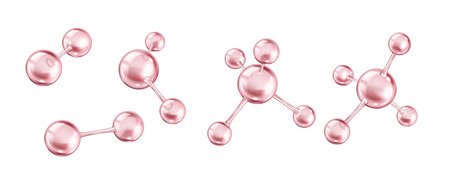 Pink collagen molecules forming structures realistic color icons set. Rotating models for chemists investigation 3d objects bundle on white backgroundのイラスト素材
