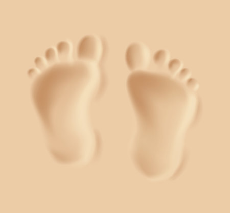 Minimalistic illustration of two child footprints in sand. Soft beige tones. Represents a peaceful walk on a beach. Ideal for relaxation themes.のイラスト素材
