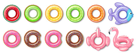 Bright inflatable pool floats resembling fruits, donuts, fish, and flamingos, perfect for poolside fun and relaxation. Vivid colors and whimsical designs make these ideal for summer leisure.のイラスト素材