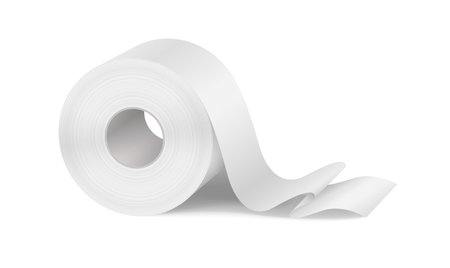 Toilet paper roll illustration, clean white color, hygiene and bathroom. Simple and realistic style. Essential household supply on plain backdrop.のイラスト素材
