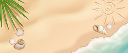 Illustration of a sandy beach with seashells and a sun drawing. Soft cream and green tones. Perfect for tropical themes and summer vacation designs.のイラスト素材
