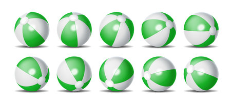 Set of bright green and white beach balls arranged in rows on white background. Vibrant playful design suitable for summer fun and recreational activities themeのイラスト素材
