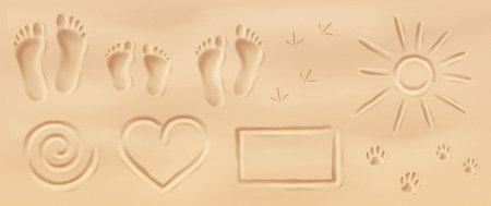 Sand imprints featuring human and animal footprints with symbols. Beige tones convey a sense of warmth. Ideal for summer themes or travel inspirations.のイラスト素材