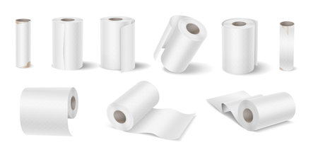 Set of white toilet paper rolls, including different views and angles, realistic style, isolated on white background, for hygiene and household usage.のイラスト素材