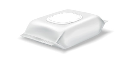 3D illustration of wet wipes packaging, white and gray tones, represents hygiene and cleanliness, suitable for personal care products. Isolated on white background.のイラスト素材