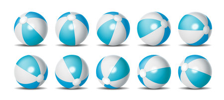 Set of ten blue and white beach balls arranged in various positions, ideal for summer themes and leisure activities, isolated on white backgroundのイラスト素材