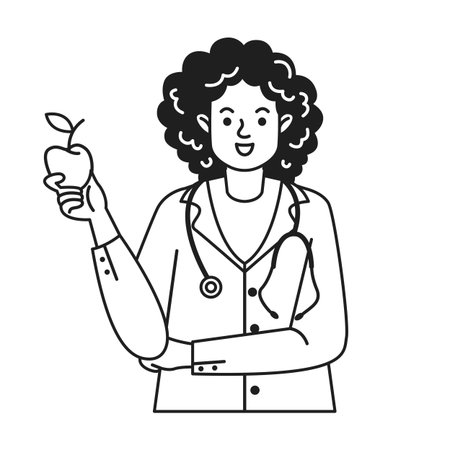 Monochrome line drawing of a doctor with curly hair. Holding an apple with professionalism. Represents health and wellness advice in medical context.のイラスト素材