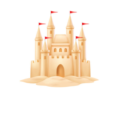 Digital illustration of a detailed sandcastle with red flags. Soft beige tones represent summer fun and beach activities, perfect for holiday themes.のイラスト素材