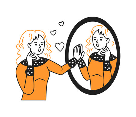 Cartoon woman happily looking at herself in the mirror with hearts around. Her joyful expression conveys selflove and confidence. Illustration in orange and black.のイラスト素材
