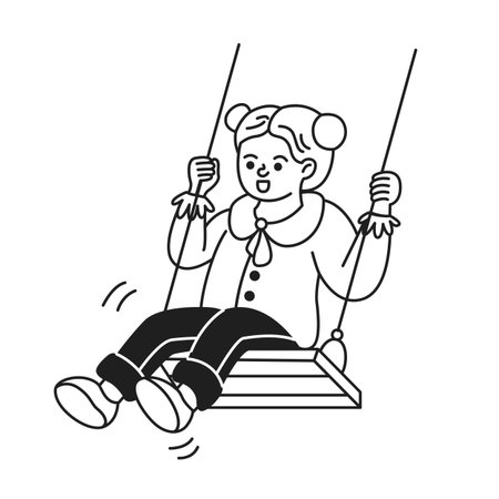 Illustration of a cheerful child playing on a swing in black and white line art style. The playful expression captures joy and movement in a simple cartoon design.のイラスト素材