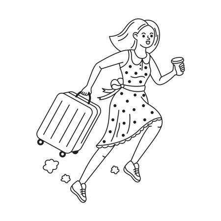 Illustration of a woman running with a suitcase and coffee. Dressed in a polka dot dress and sneakers, she appears in a hurry. Black and white line drawing style.のイラスト素材