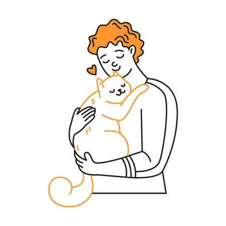 Line art illustration of a smiling person hugging a relaxed cat. Simple design with black and orange outlines on a white background. Represents affection and comfort.のイラスト素材