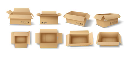 Collection of open cardboard boxes displayed in multiple angles and perspectives. Brown color with...
