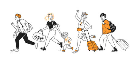 Illustration of a cheerful group of travelers walking energetically with luggage. Characters in orange and black tones, expressing excitement and adventure on a white backdrop.のイラスト素材