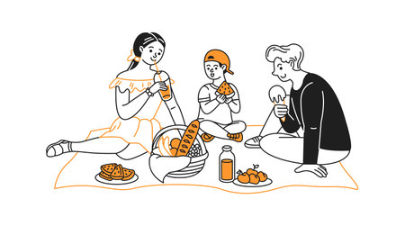 Illustration of a cheerful family enjoying a picnic with drinks and snacks. Kids and adults seated on a blanket with food basket. Minimalist style with orange accents.のイラスト素材