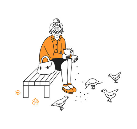 Cheerful elderly woman sits on a park bench feeding birds. She wears an orange sweater and glasses. Birds are pecking seeds around her. Minimalist style.のイラスト素材