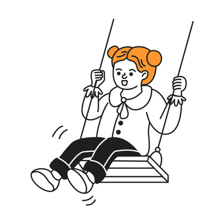 Illustration of a girl enjoying playfully swinging with smiles. Simple black outlines and orange hair create a joyful dynamic. Ideal for children's themes.のイラスト素材