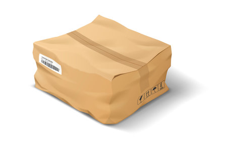 Realistic illustration of a crumpled shipping parcel. The package is brown with a barcode on a plain white background. Ideal for logistics and delivery concepts.のイラスト素材